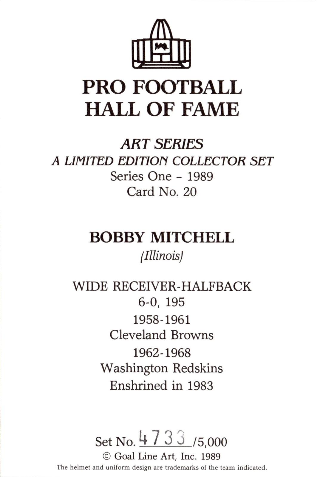 1989 Goal Line Hall of Fame Art Collection #20 Bobby Mitchell #/5000