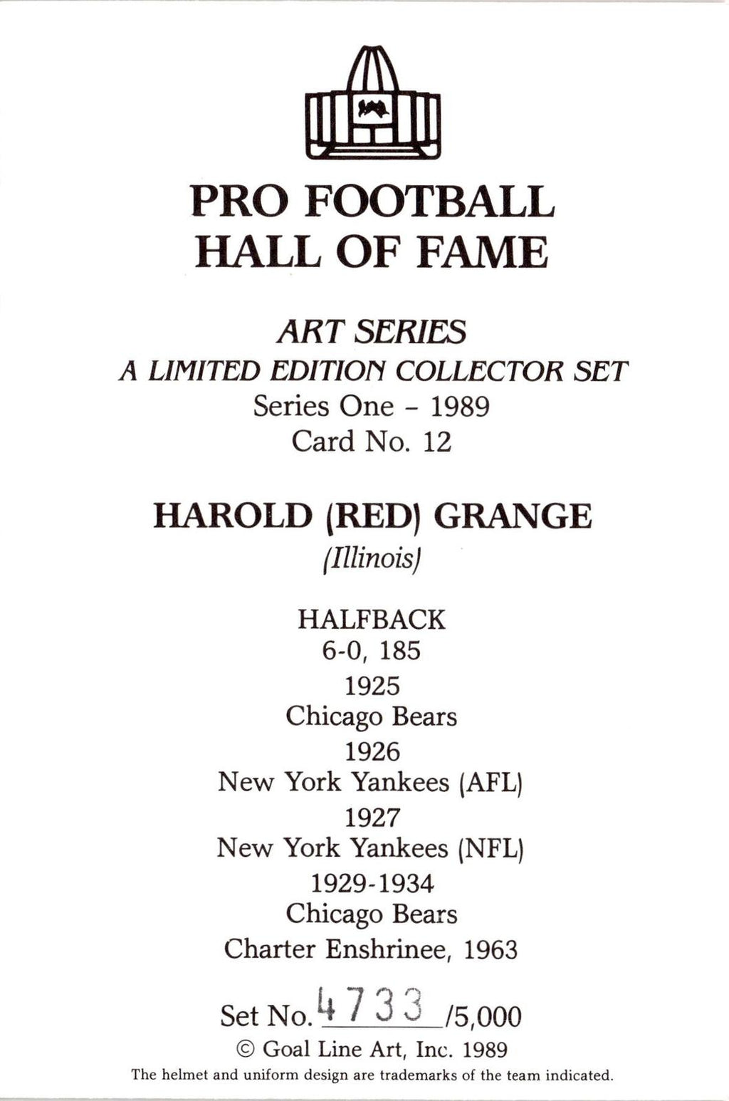 1989 Goal Line Hall of Fame Art Collection #12 Red Grange #/5000