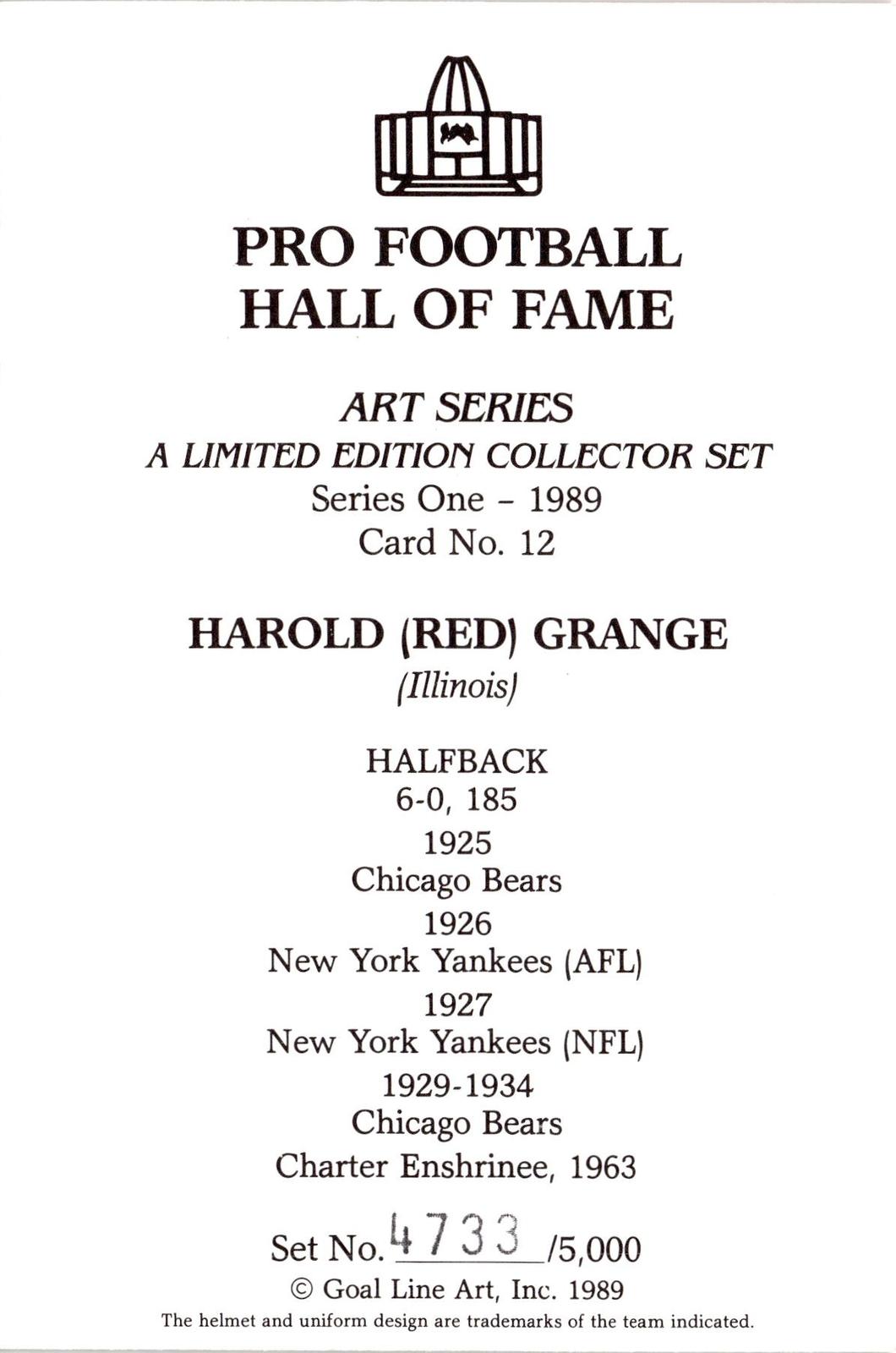 1989 Goal Line Hall of Fame Art Collection #12 Red Grange #/5000