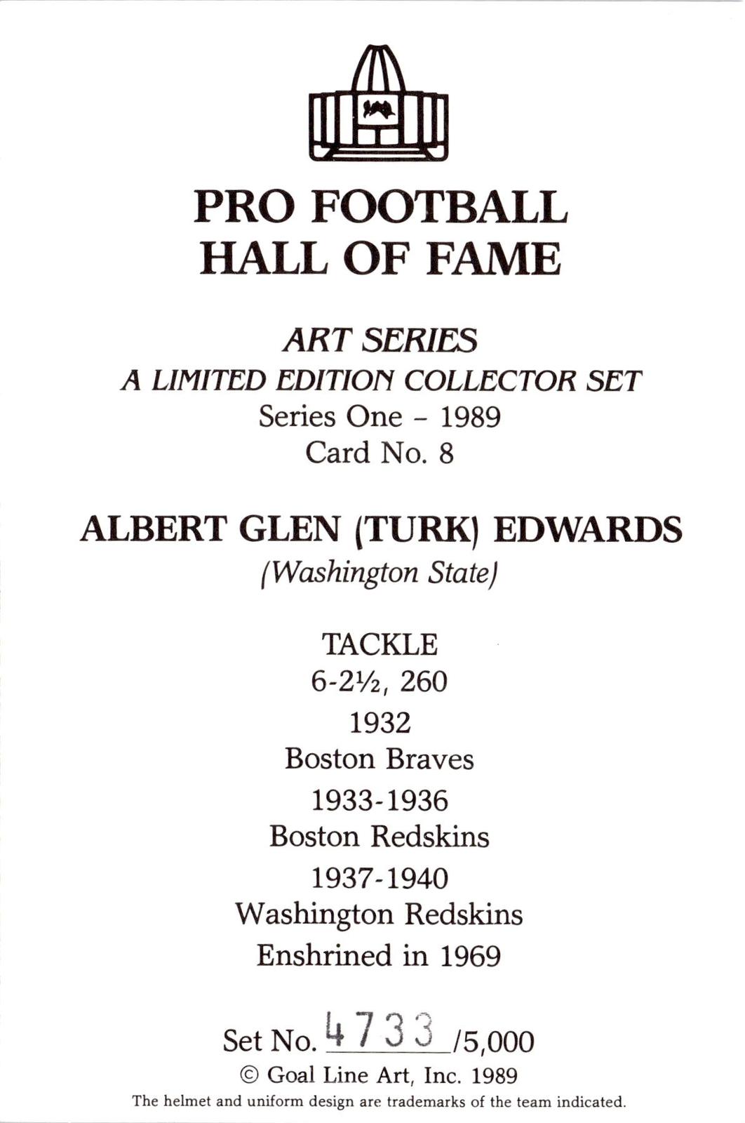 1989 Goal Line Hall of Fame Art Collection #8 Albert Glen "Turk" Edwards #/5000