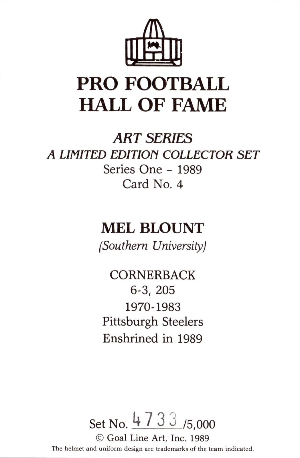 1989 Goal Line Hall of Fame Art Collection #4 Mel Blount #/5000