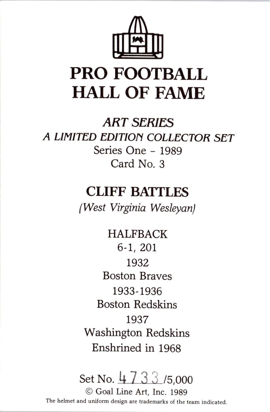 1989 Goal Line Hall of Fame Art Collection #3 Cliff Battles #/5000