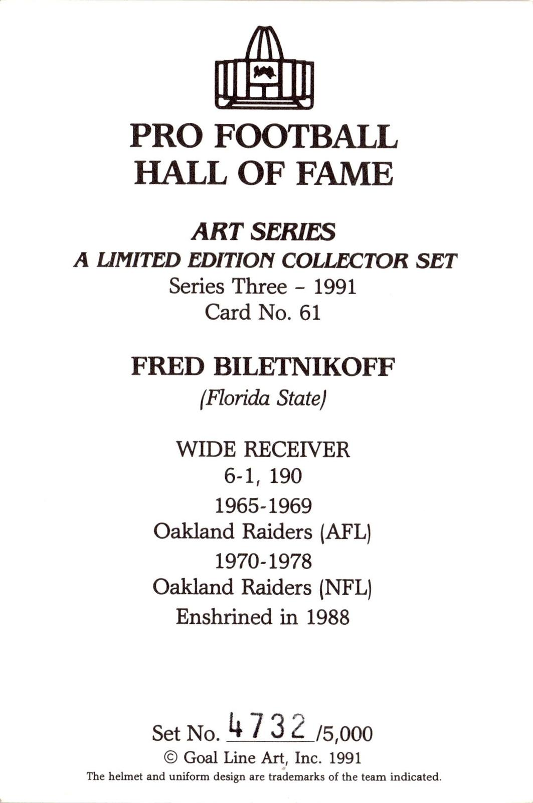 1991 Goal Line Hall of Fame Art Collection #61 Fred Biletnikoff AUTO #/5000