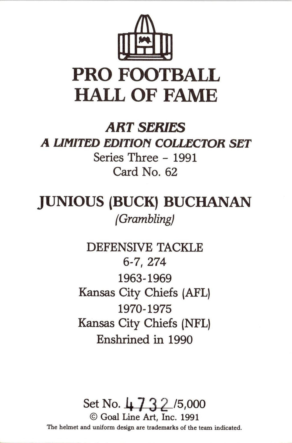 1991 Goal Line Hall of Fame Art Collection #62 Buck Buchanan AUTO #/5000