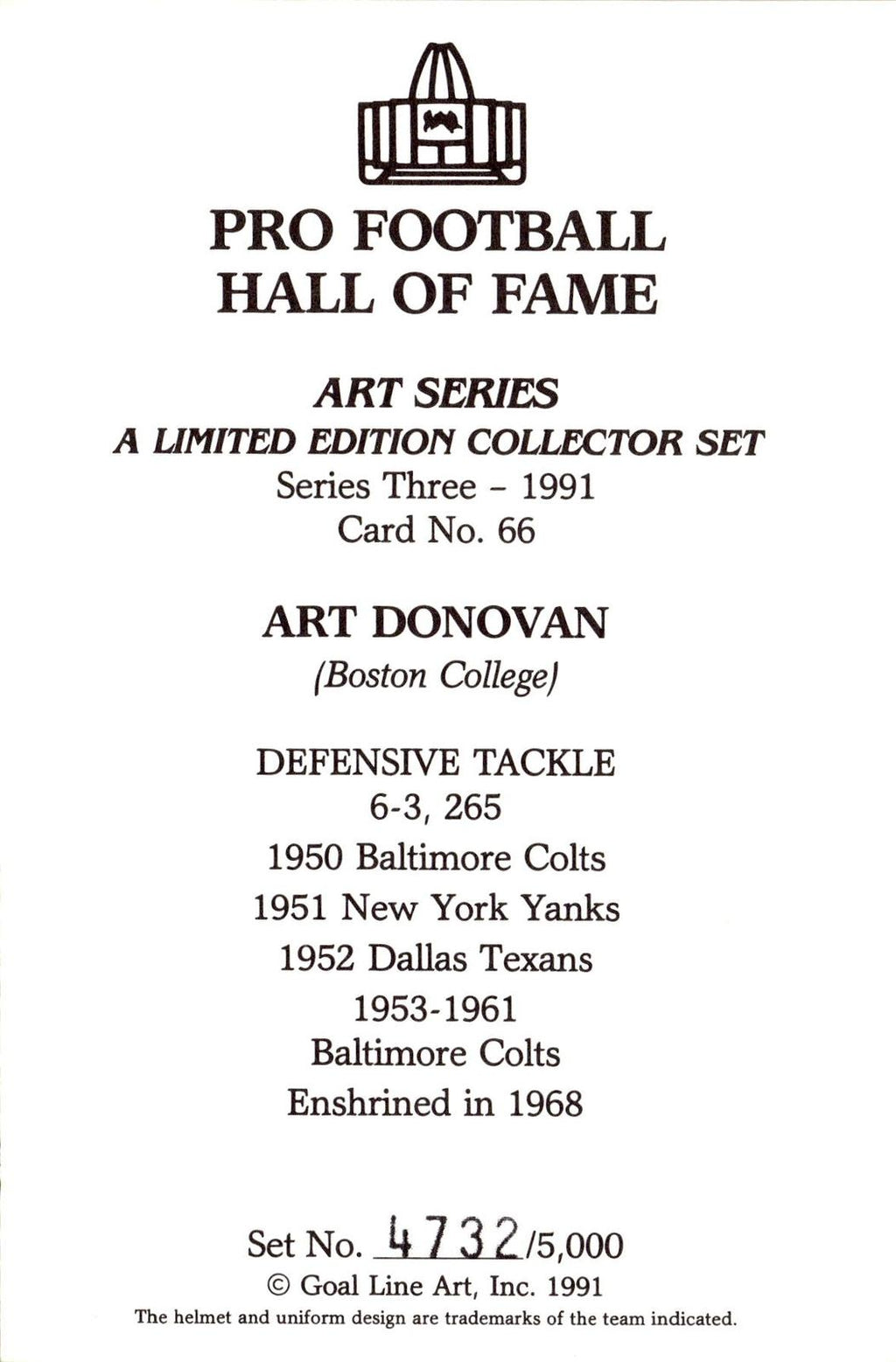 1991 Goal Line Hall of Fame Art Collection #66 Art Donovan AUTO #/5000