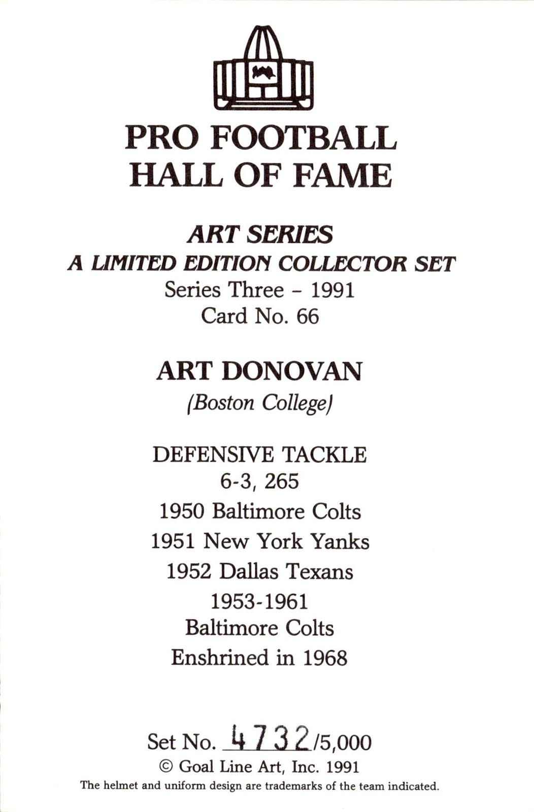 1991 Goal Line Hall of Fame Art Collection #66 Art Donovan AUTO #/5000