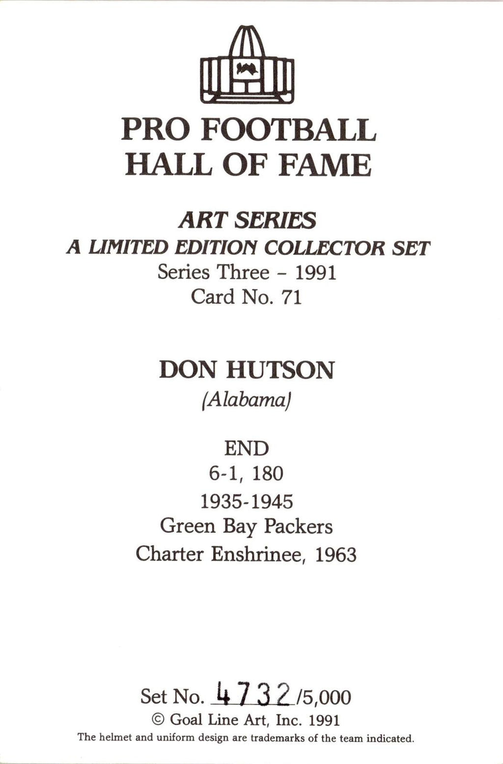 1991 Goal Line Hall of Fame Art Collection #71 Don Hutson AUTO #/5000