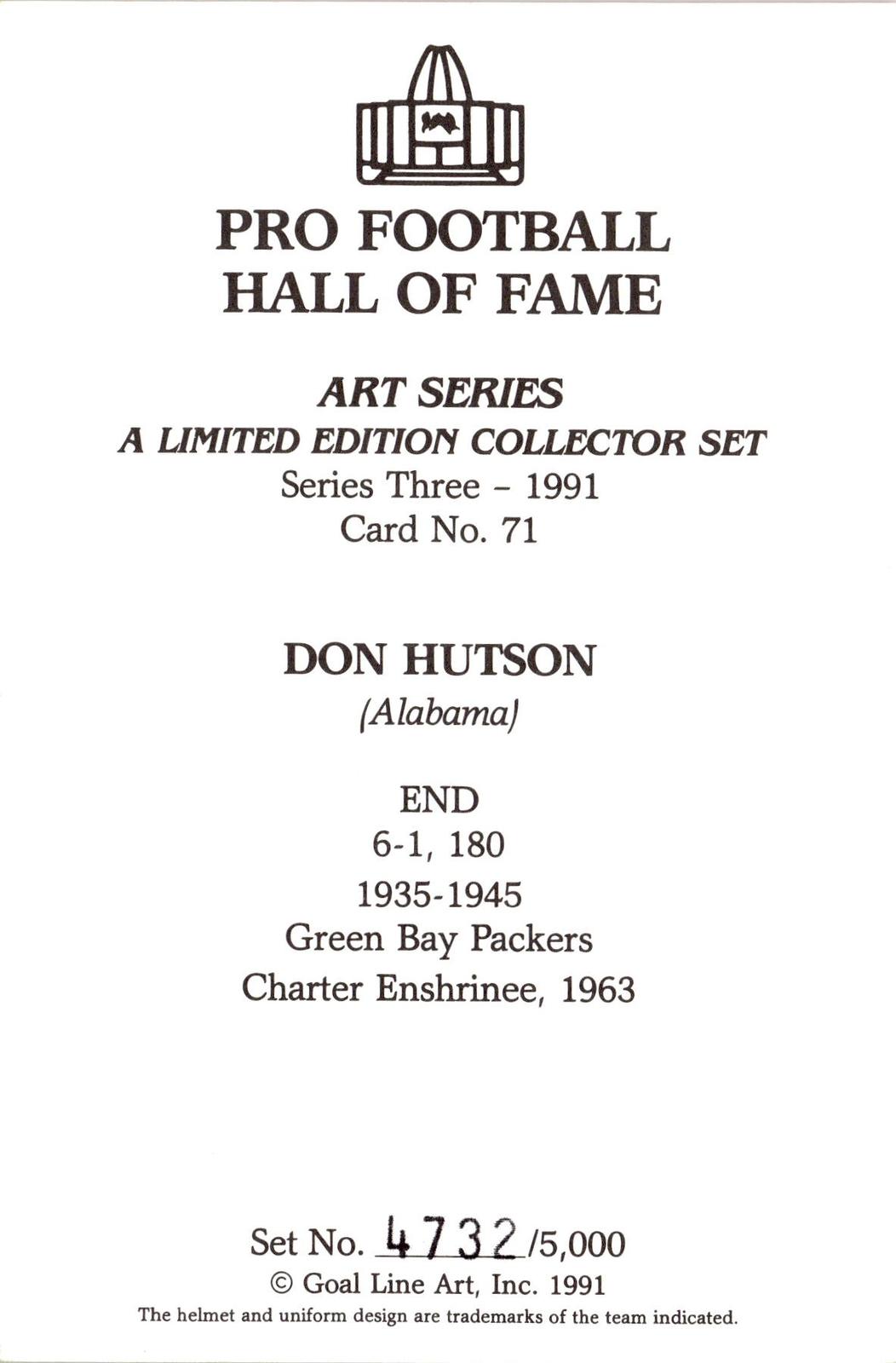 1991 Goal Line Hall of Fame Art Collection #71 Don Hutson AUTO #/5000