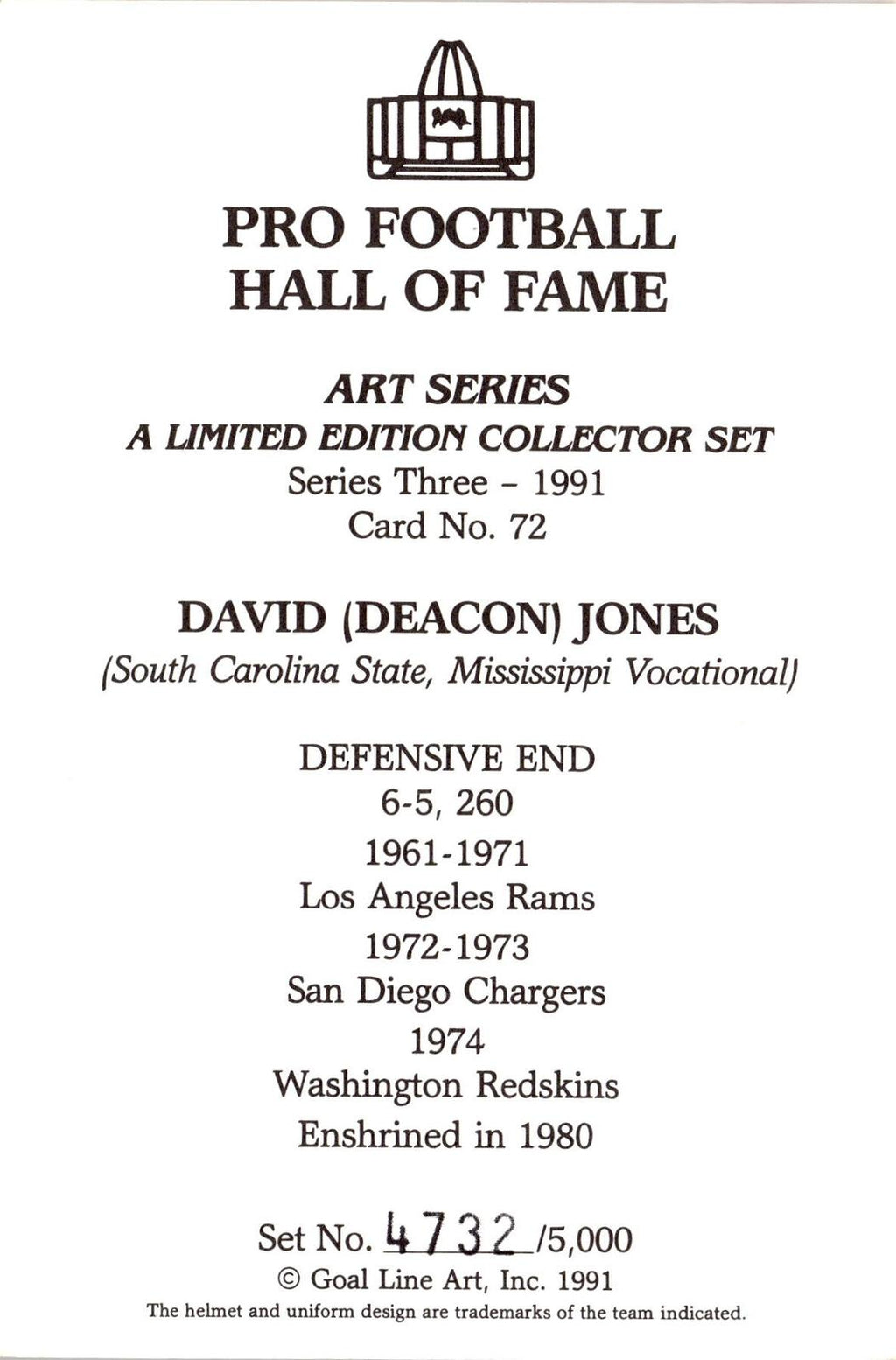 1991 Goal Line Hall of Fame Art Collection #72 Deacon Jones AUTO #/5000