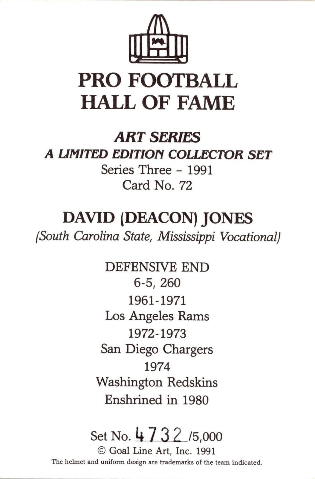 1991 Goal Line Hall of Fame Art Collection #72 Deacon Jones AUTO #/5000