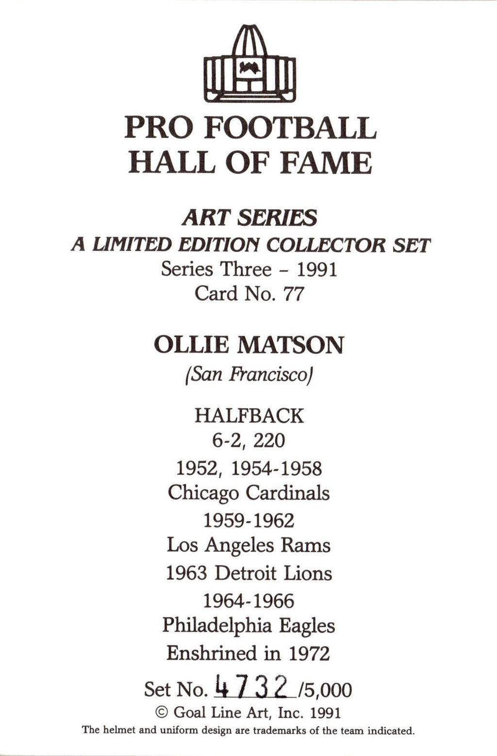 1991 Goal Line Hall of Fame Art Collection #77 Ollie Matson AUTO #/5000