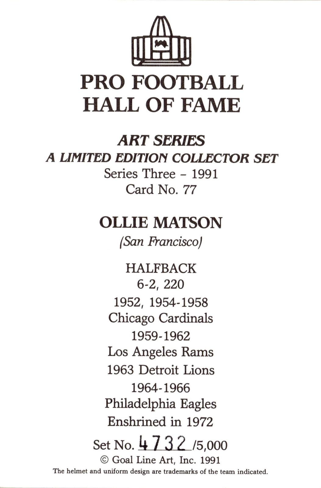1991 Goal Line Hall of Fame Art Collection #77 Ollie Matson AUTO #/5000