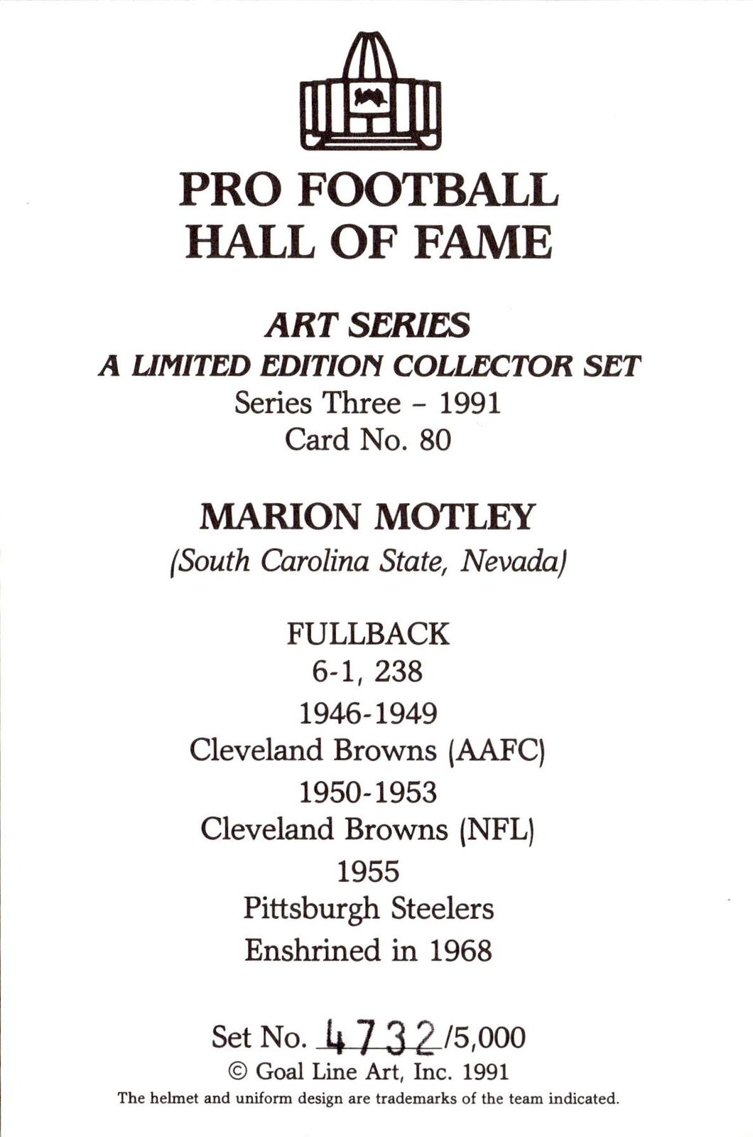 1991 Goal Line Hall of Fame Art Collection #80 Marion Motley AUTO #/5000