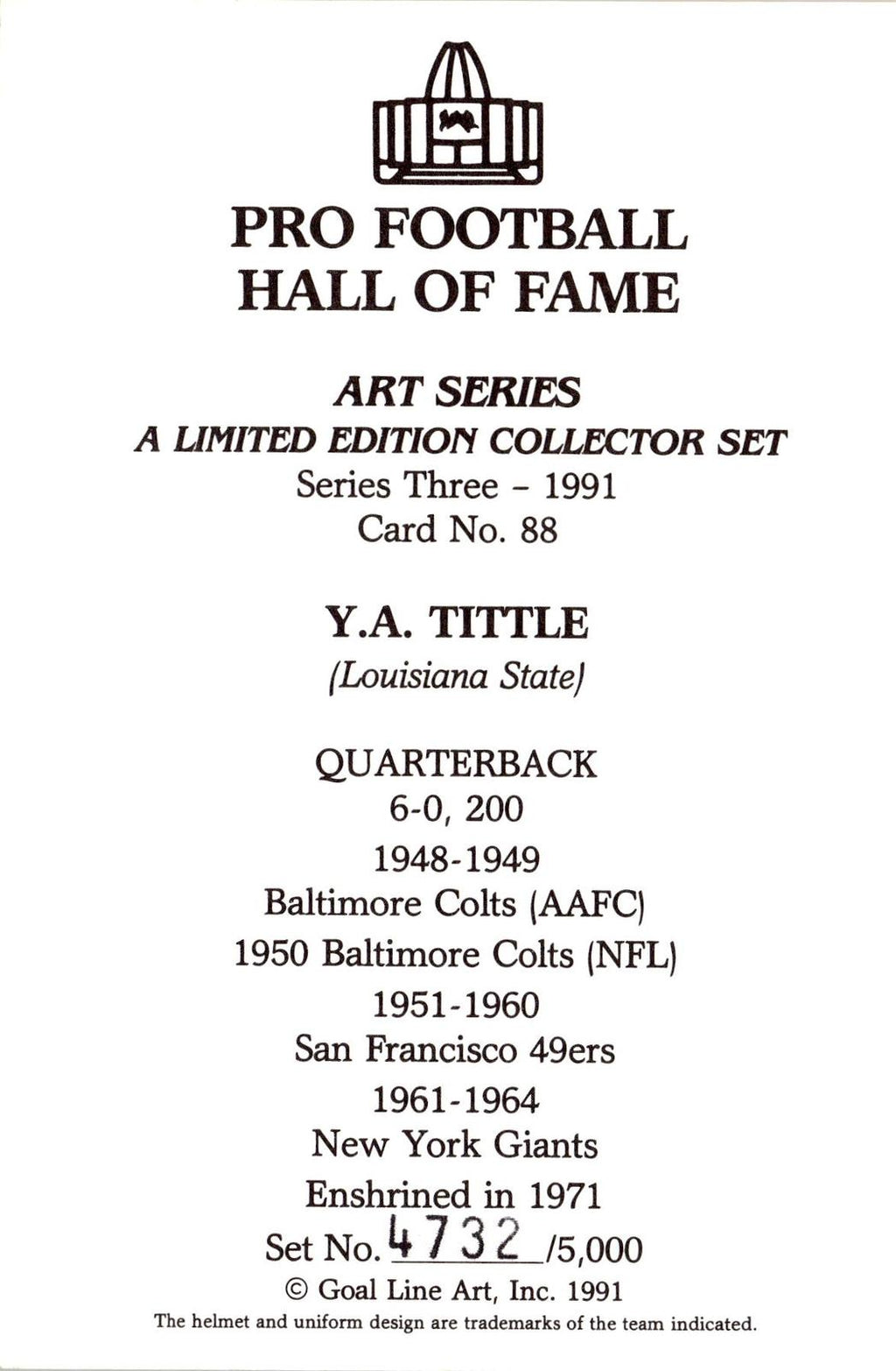 1991 Goal Line Hall of Fame Art Collection #88 Y.A. Tittle AUTO #/5000