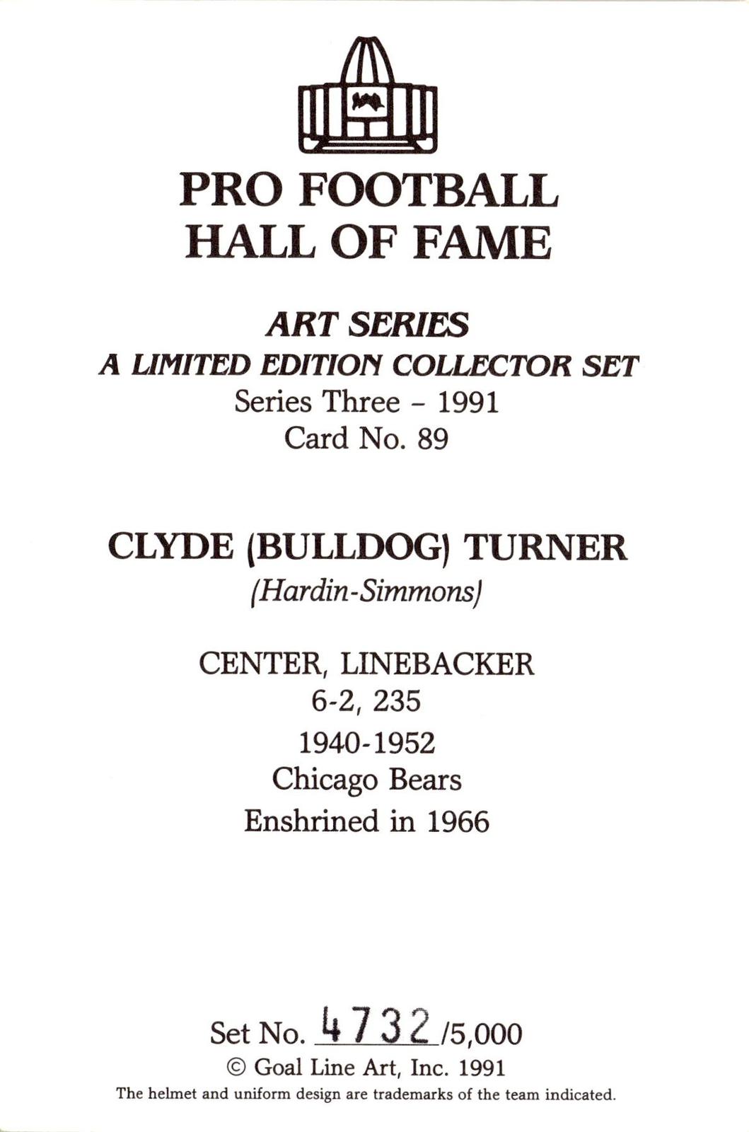 1991 Goal Line Hall of Fame Art Collection #89 Bulldog Turner AUTO #/5000