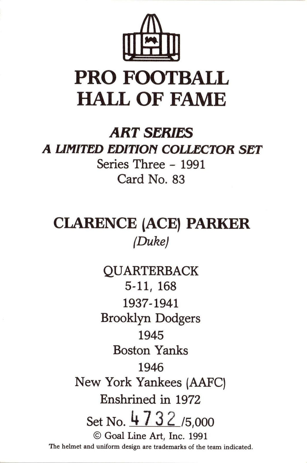 1991 Goal Line Hall of Fame Art Collection #83 Ace Parker #/5000