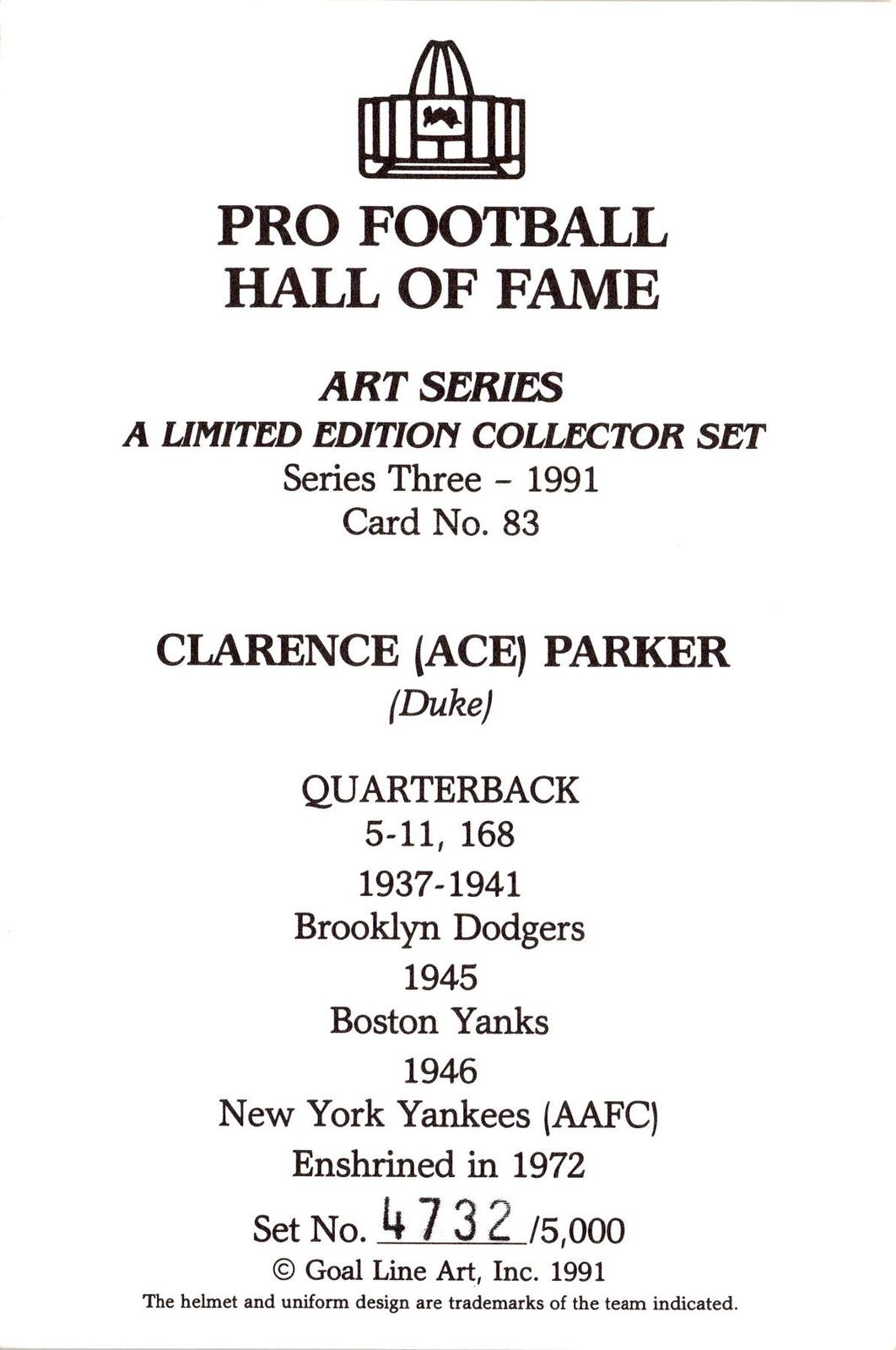 1991 Goal Line Hall of Fame Art Collection #83 Ace Parker #/5000