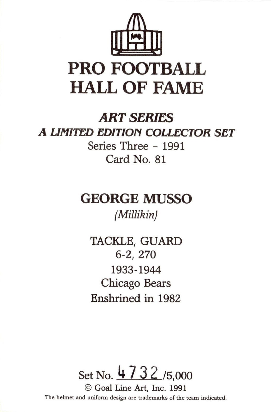 1991 Goal Line Hall of Fame Art Collection #81 George Musso #/5000