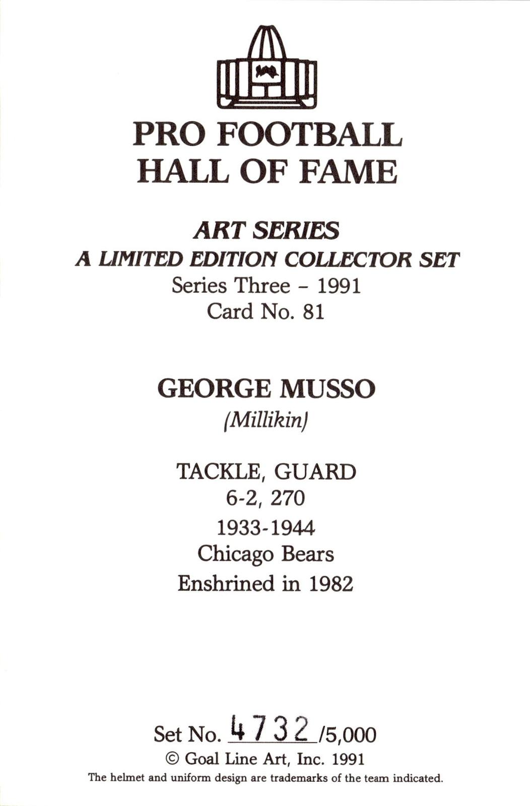 1991 Goal Line Hall of Fame Art Collection #81 George Musso #/5000