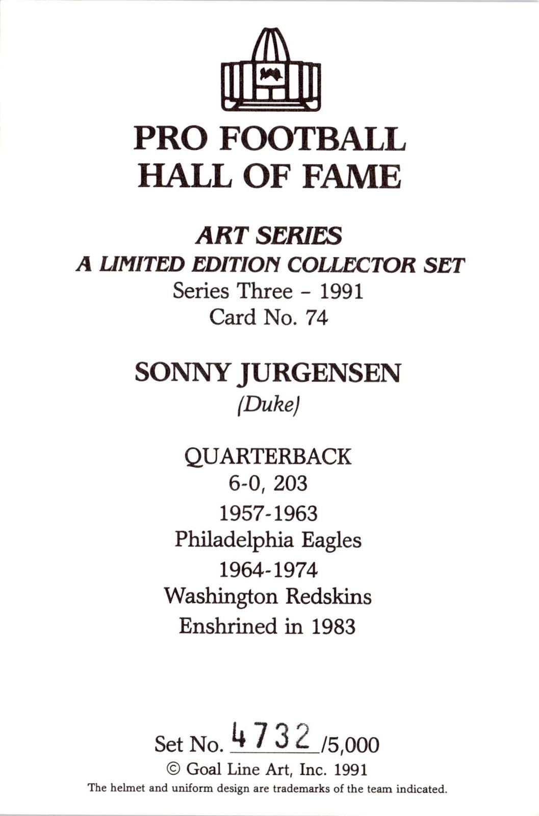 1991 Goal Line Hall of Fame Art Collection #74 Sonny Jurgensen #/5000