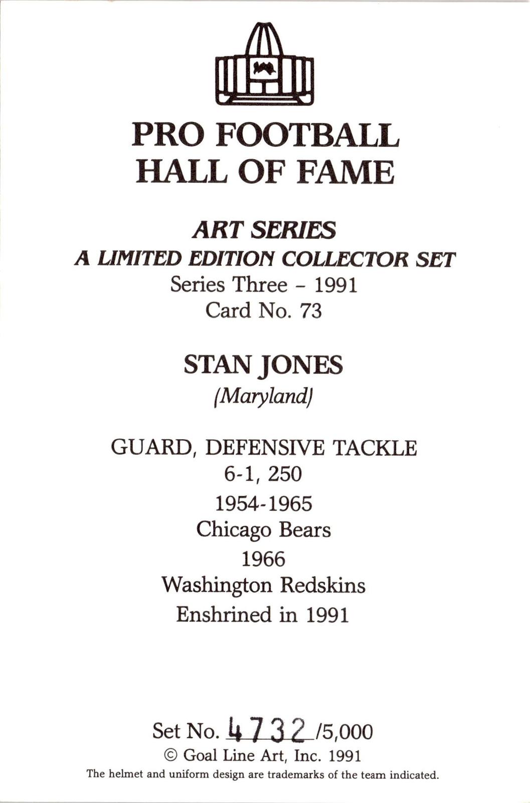1991 Goal Line Hall of Fame Art Collection #73 Stan Jones #/5000