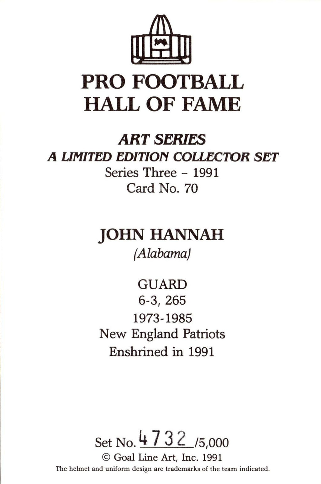 1991 Goal Line Hall of Fame Art Collection #70 John Hannah #/5000