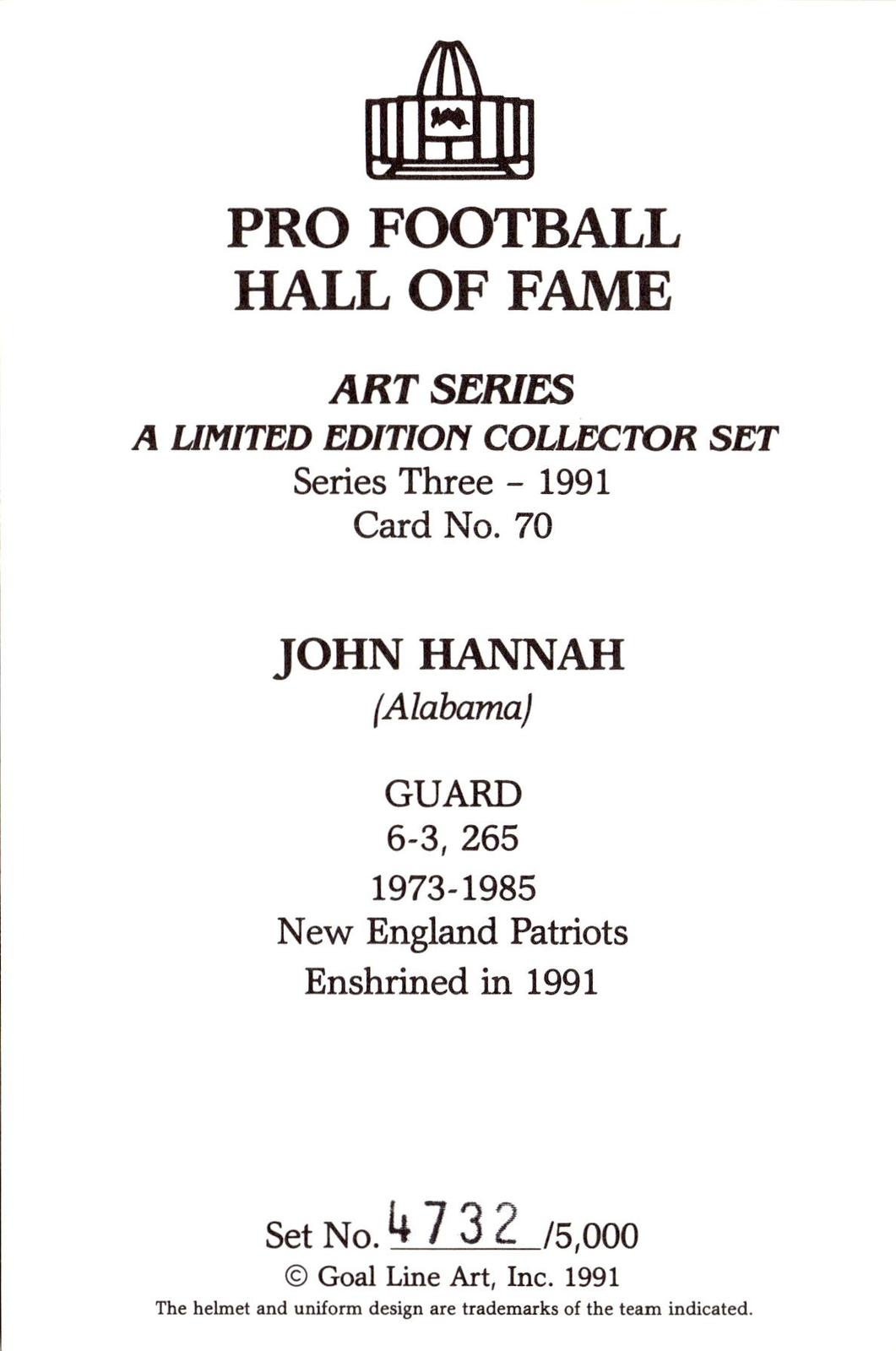 1991 Goal Line Hall of Fame Art Collection #70 John Hannah #/5000