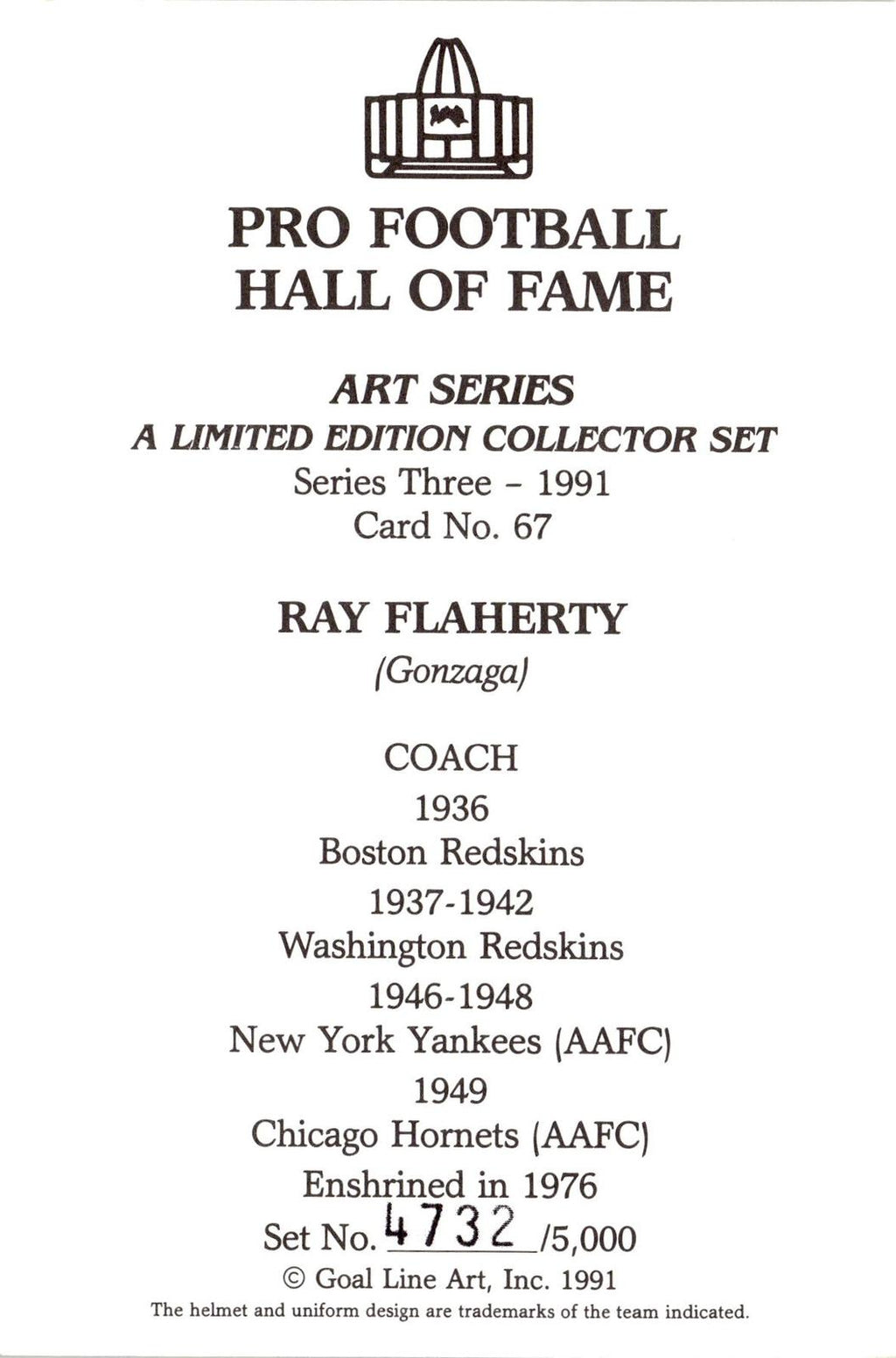 1991 Goal Line Hall of Fame Art Collection #67 Ray Flaherty #/5000
