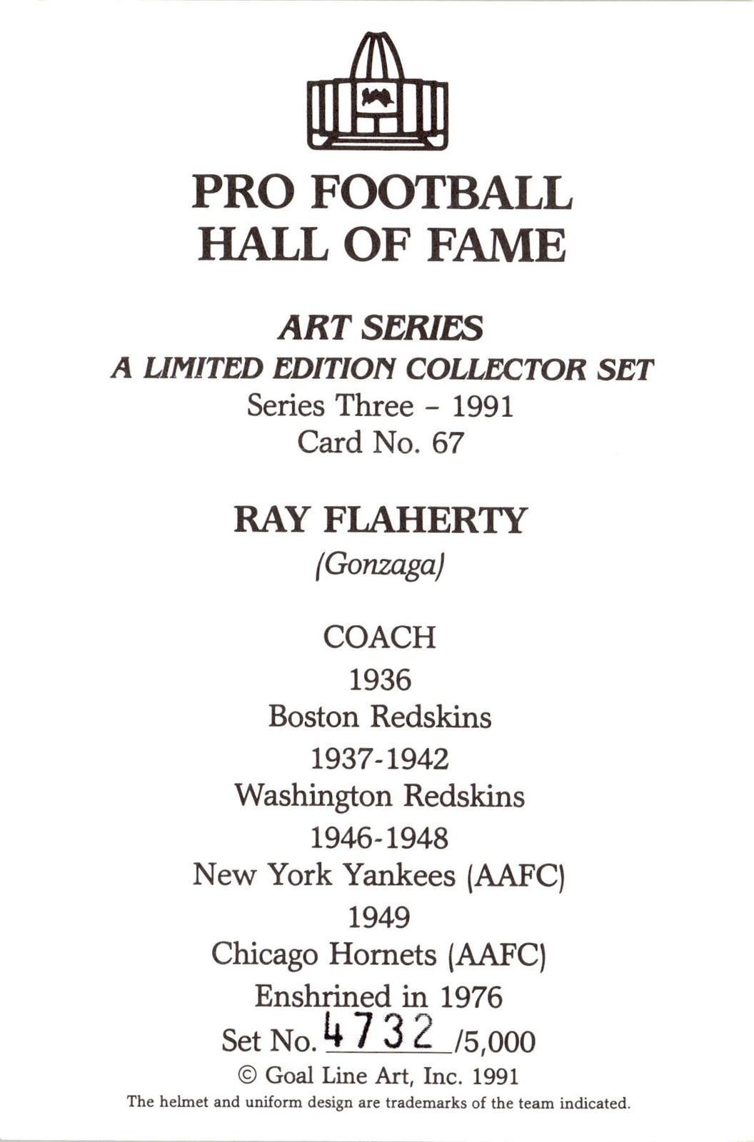 1991 Goal Line Hall of Fame Art Collection #67 Ray Flaherty #/5000