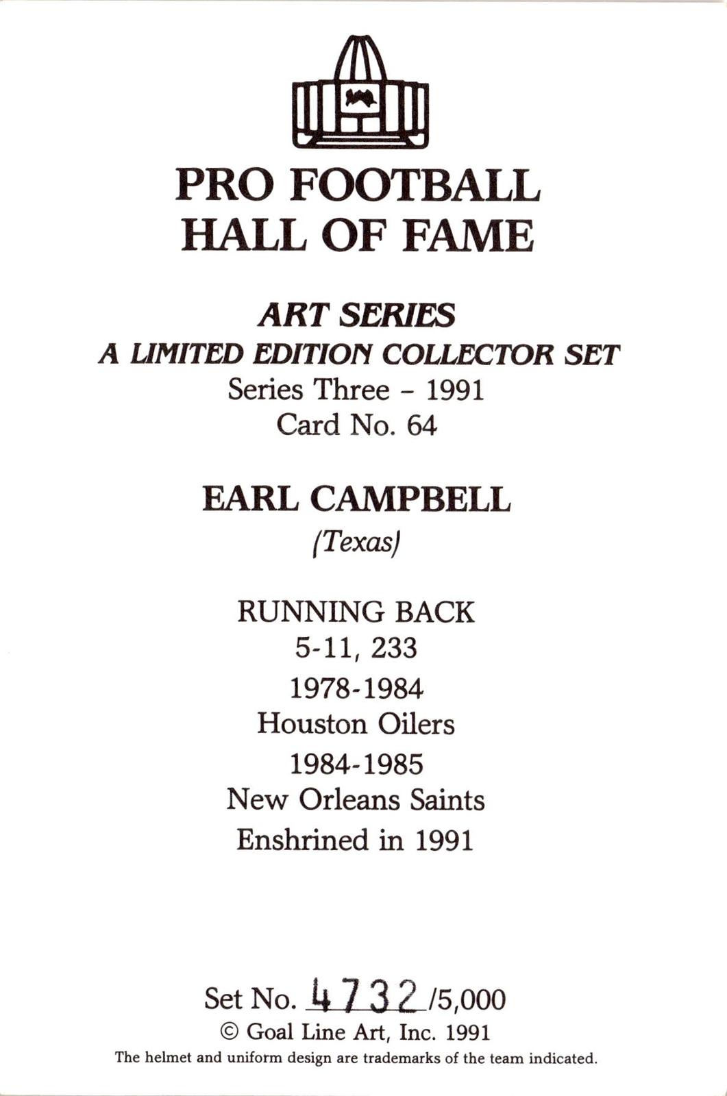 1991 Goal Line Hall of Fame Art Collection #64 Earl Campbell #/5000