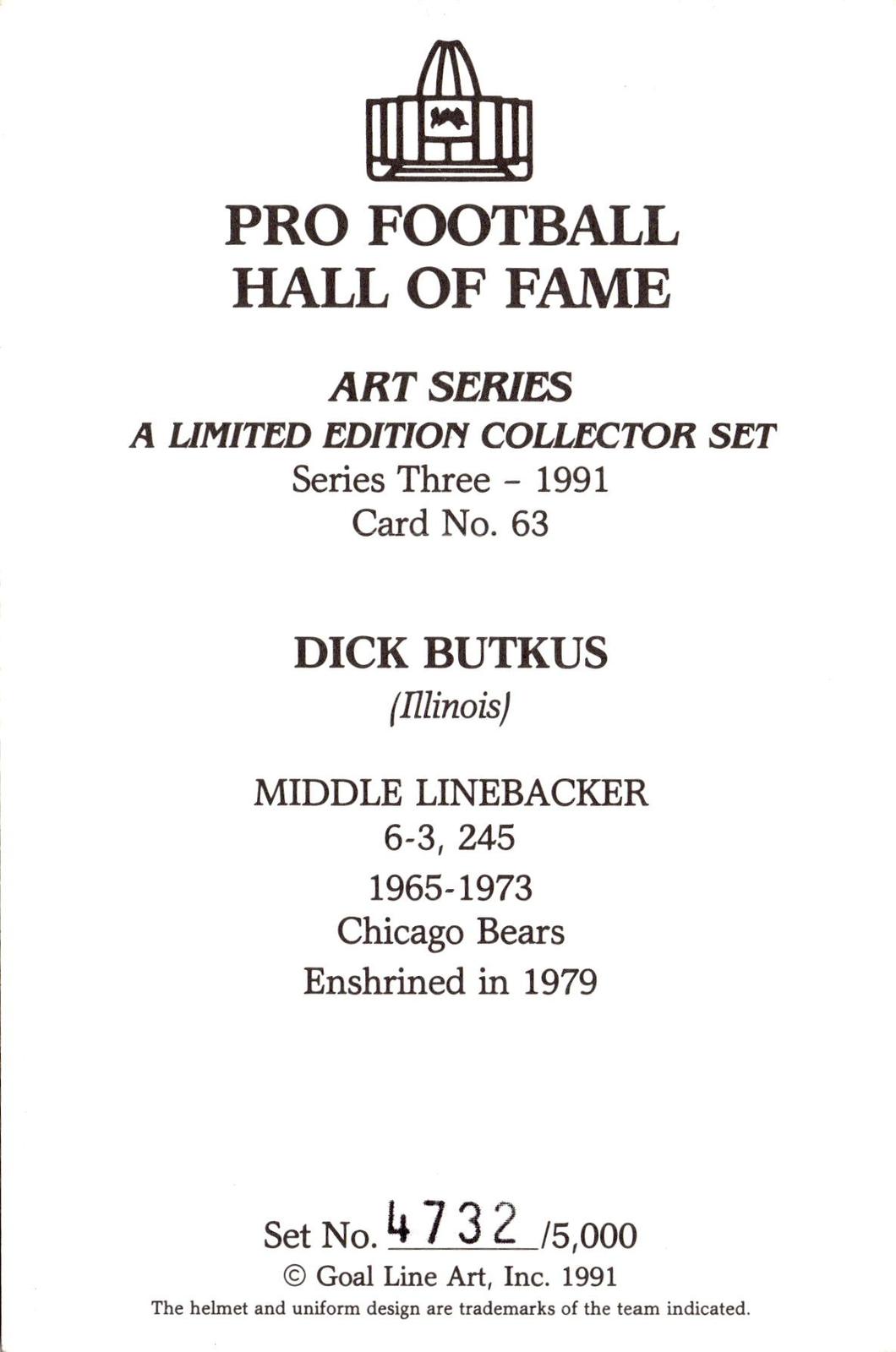 1991 Goal Line Hall of Fame Art Collection #63 Dick Butkus #/5000