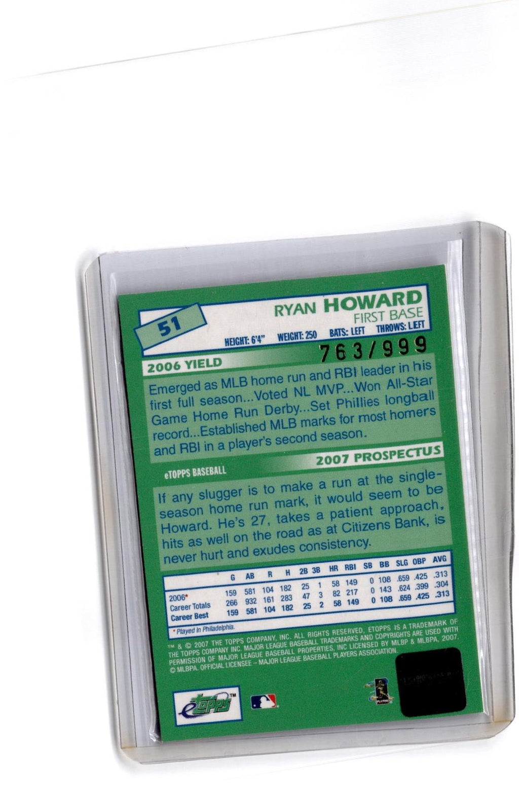 2007 Topps eTopps #51 Ryan Howard Auto #/999