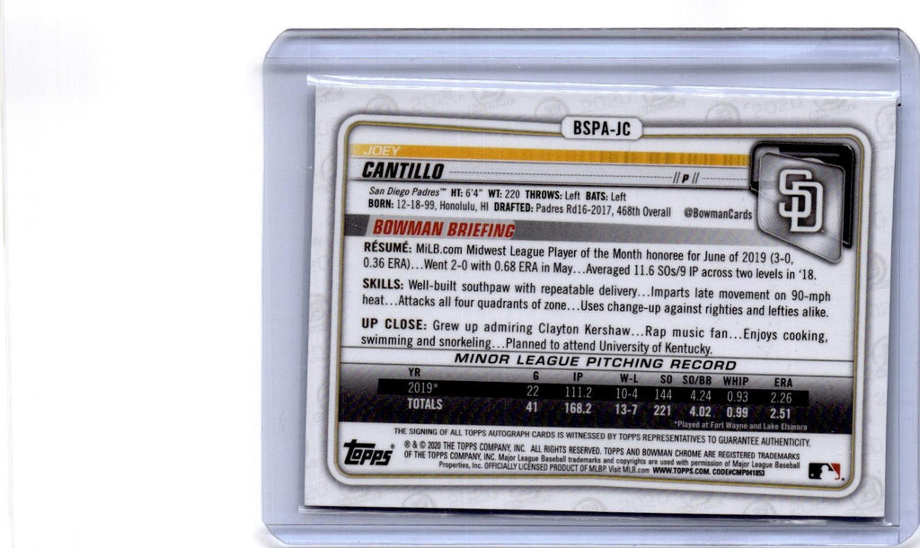 2020 Bowman Sapphire #BSPA-JC Joey Cantillo Autographs