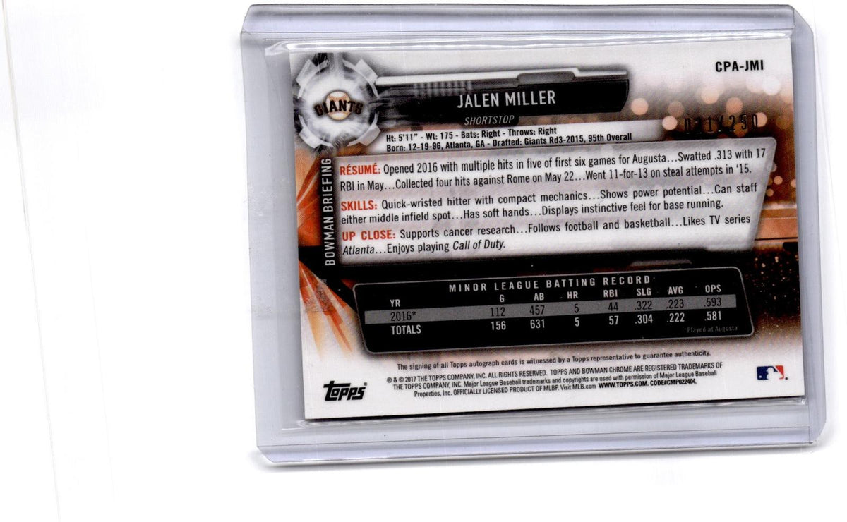 2017 Bowman  Jalen Miller Chrome Prospect Autographs Refractor Purple/250