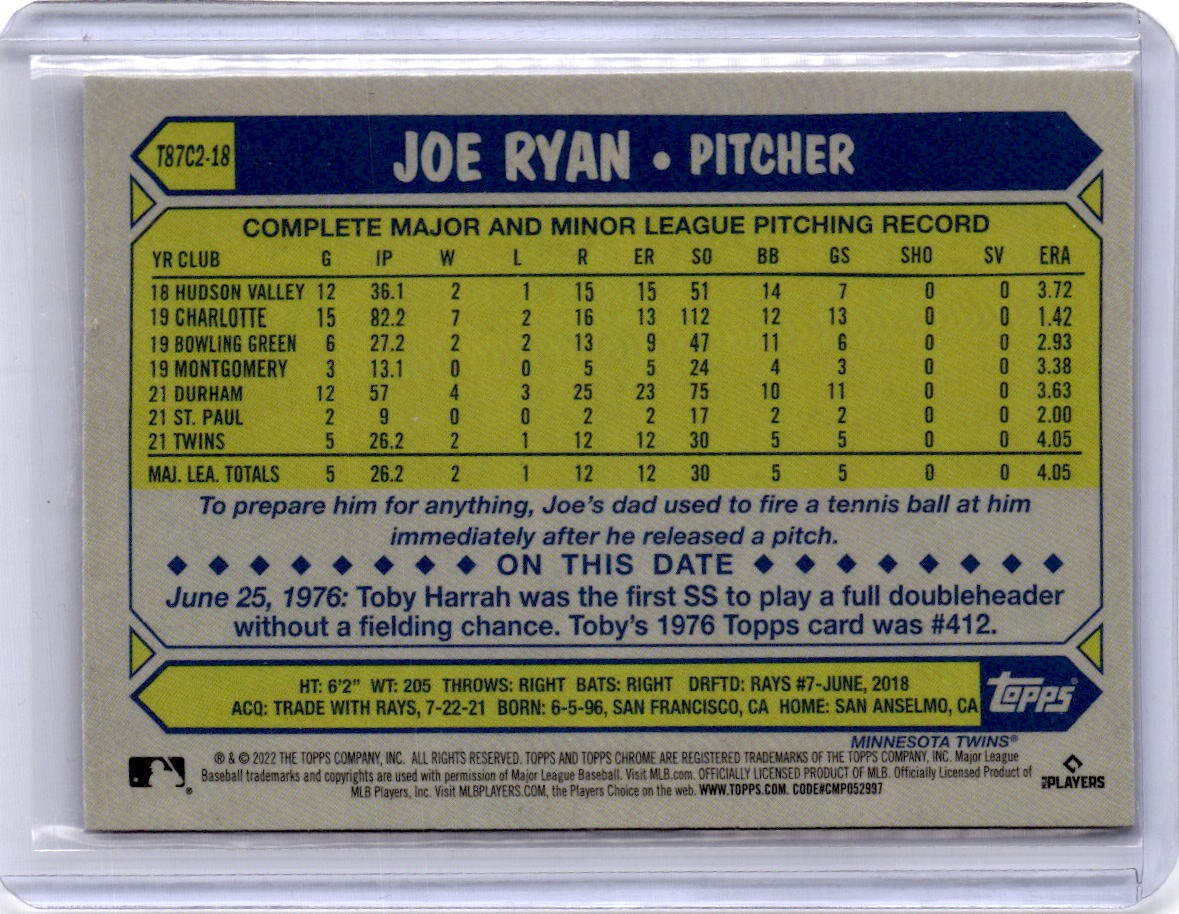 2022 Topps Joe Ryan 1987 Topps Baseball 35th Anniversary Chrome (Series Two)
