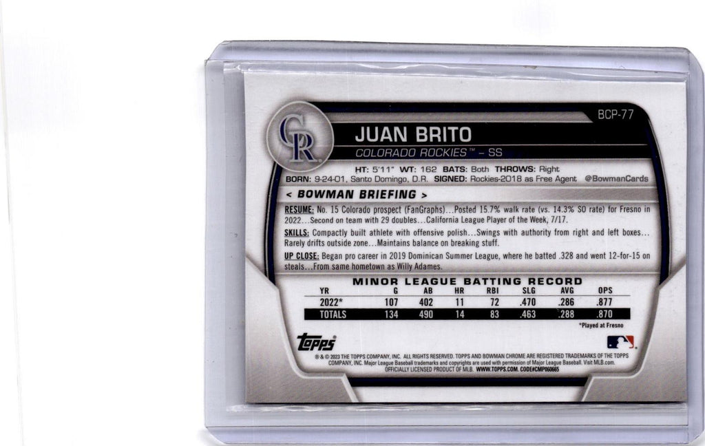 2023 Bowman #BP-77 Juan Brito Chrome Prospects Blue Lava Refractor #/150