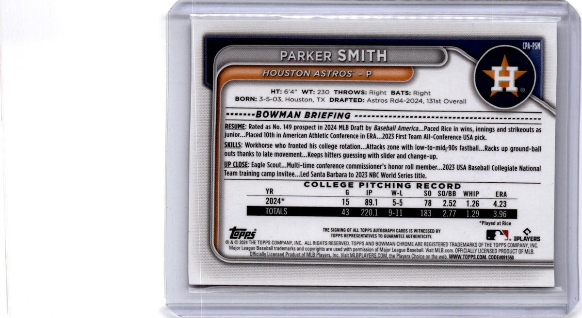 2024 Bowman Draft #CPA-PSM Parker Smith Chrome Prospect Autographs