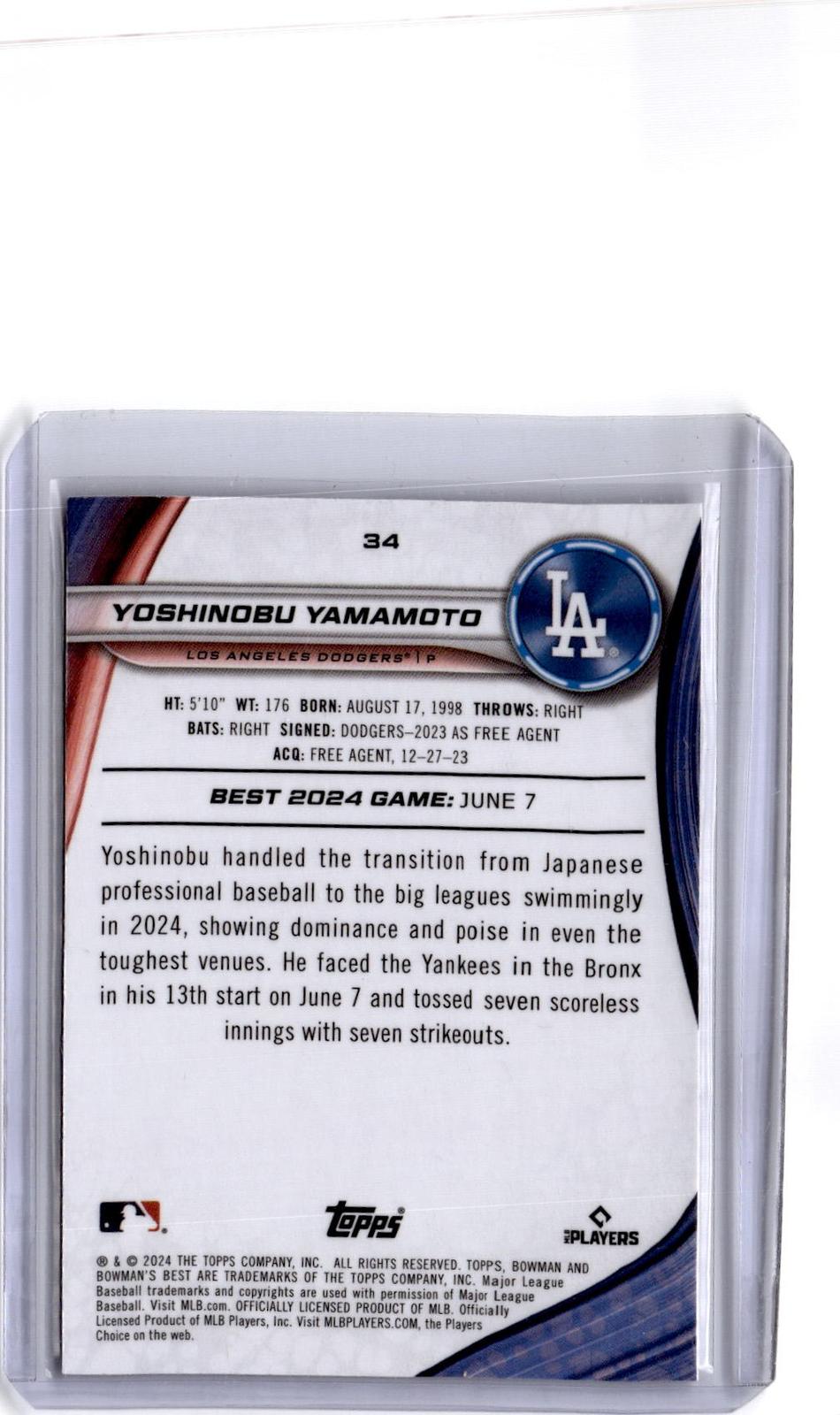 2024 Bowman's Best #34 Yoshinobu Yamamoto