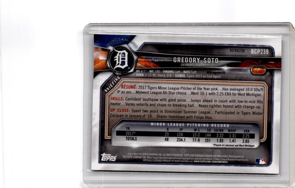2018 Bowman Chrome #BCP239 Greg Soto Prospects Refractor #/499