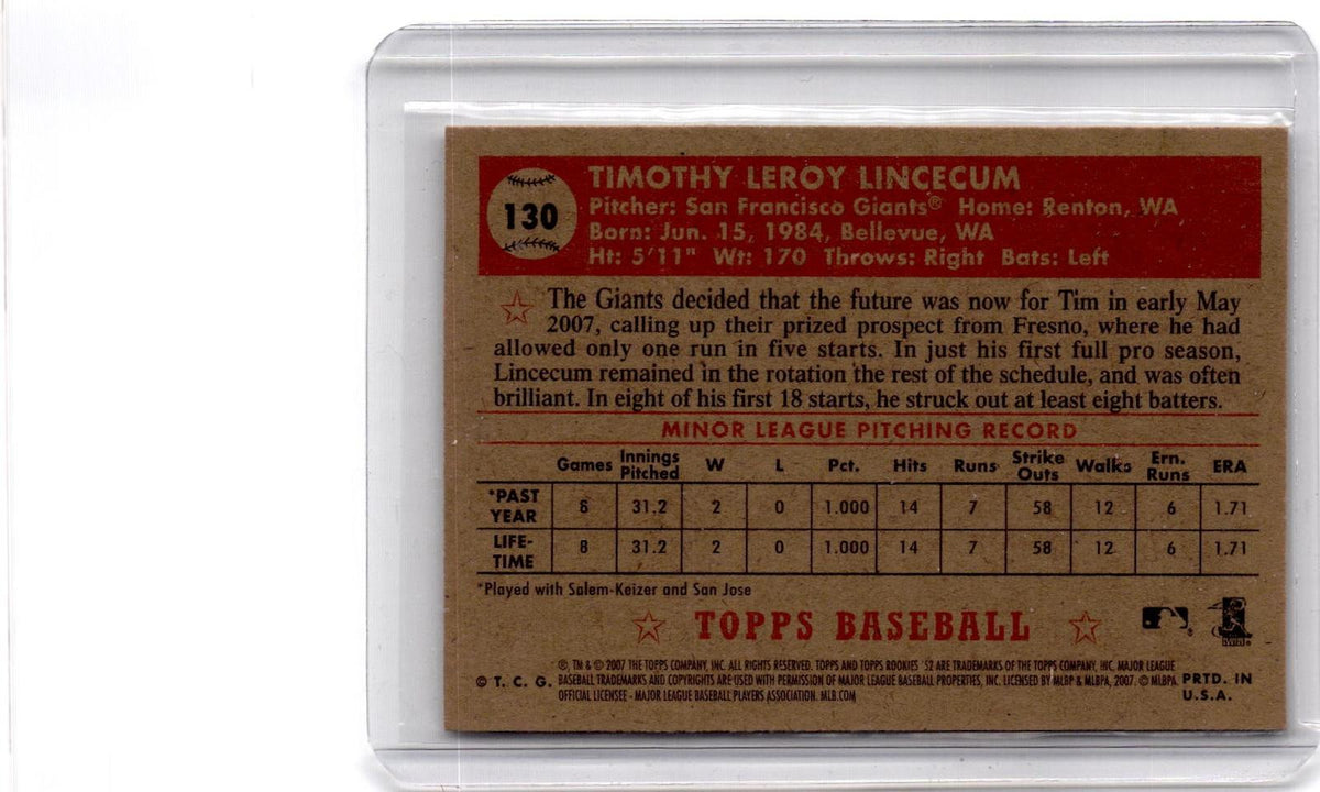 2007 Topps Rookie 1952 Edition #130b Tim Lincecum : Action