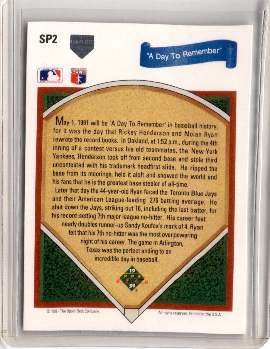 1991 Upper Deck #SP2 Nolan Ryan / Rickey Henderson