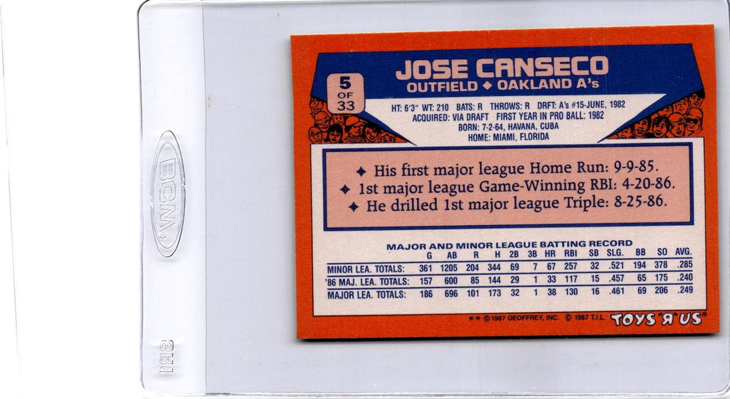 1987 Topps Toys "R" Us Rookies #5 Jose Canseco