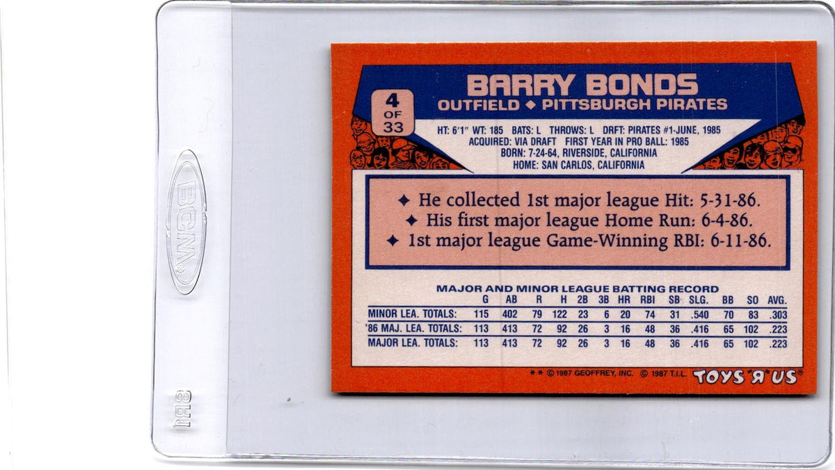 1987 Topps Toys "R" Us Rookies #4 Barry Bonds
