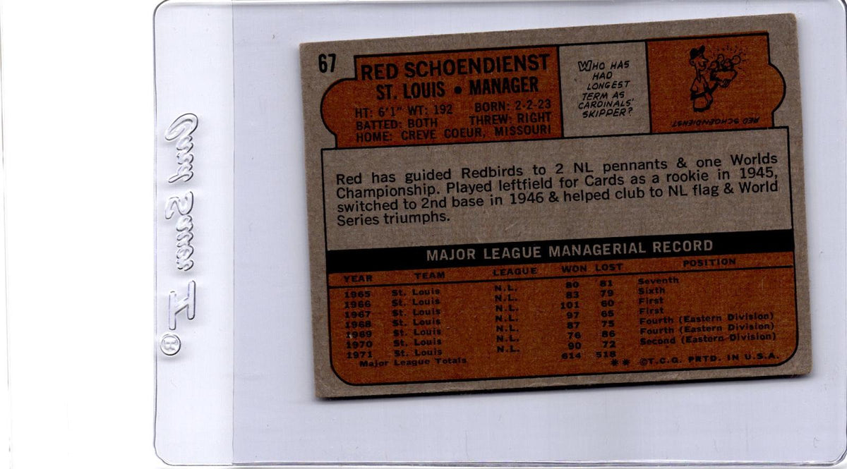 1972 Topps #67 Red Schoendienst