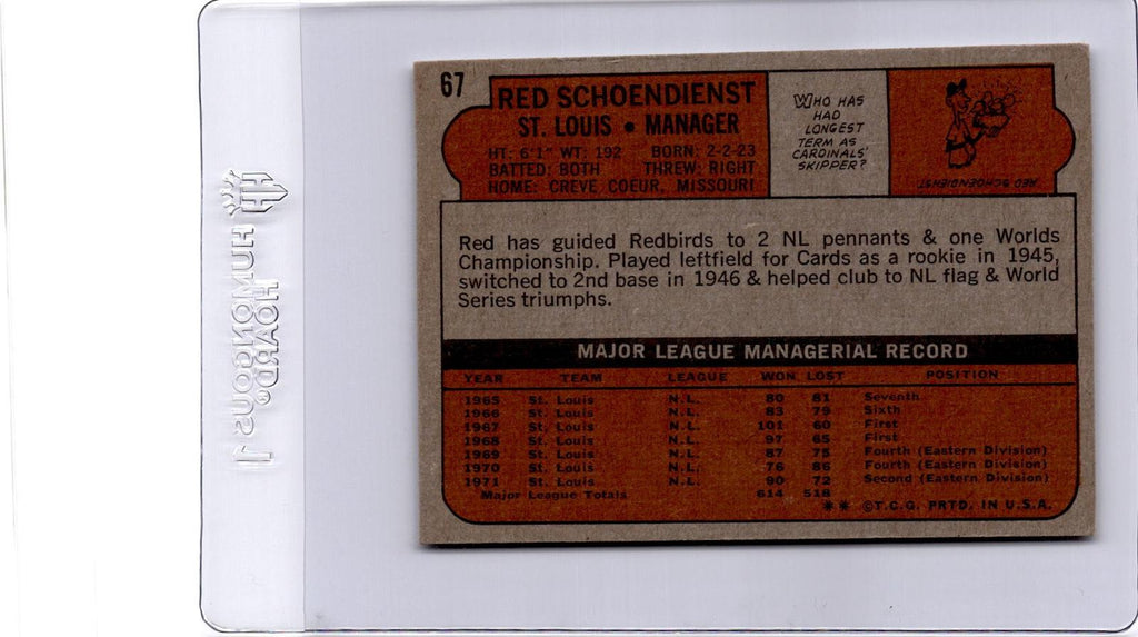 1972 Topps #67 Red Schoendienst