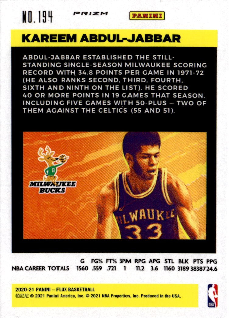 2020-21 Panini Flux #194 Kareem Abdul-Jabbar Fanatics Cracked Ice