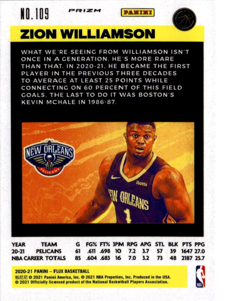 2020-21 Panini Flux #109 Zion Williamson Fanatics Cracked Ice