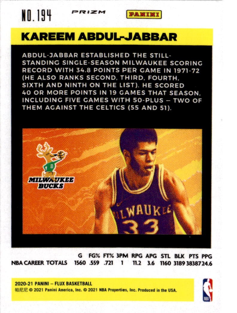 2020-21 Panini Flux #194 Kareem Abdul-Jabbar Fanatics Green Cracked Ice