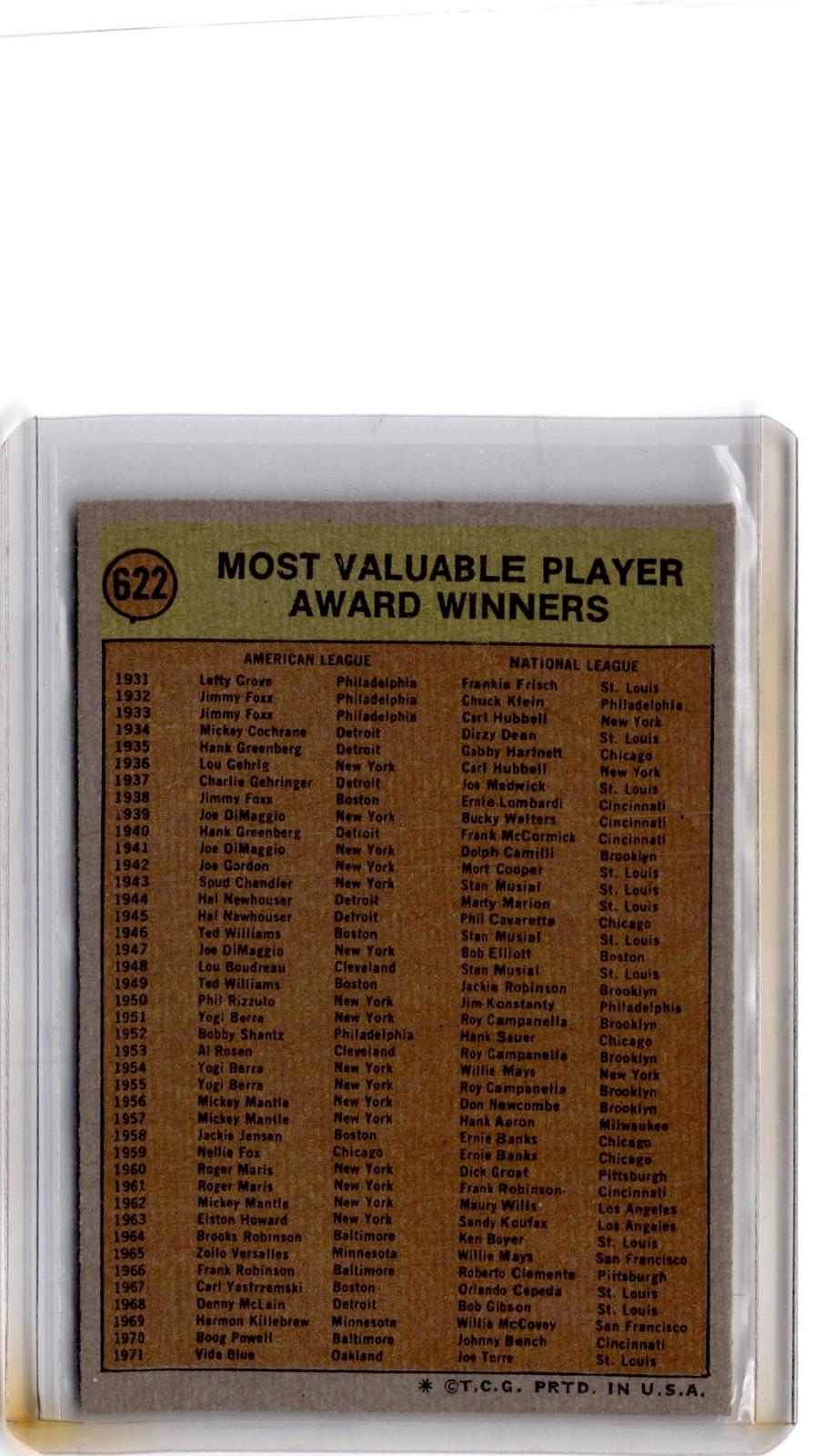 1972 Topps #622 Most Valuable Player Award