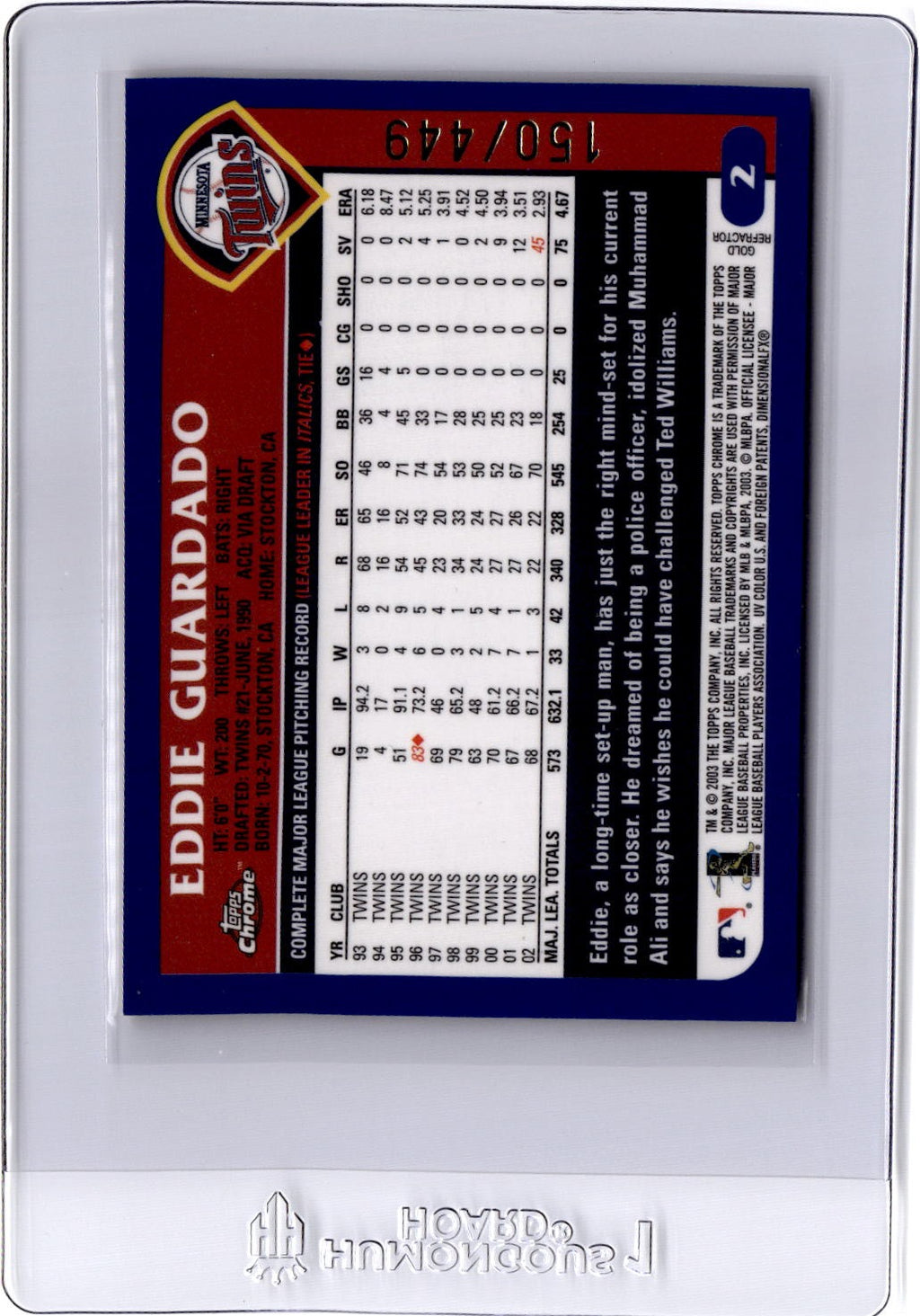2003 Topps Chrome #2 Eddie Guardado Gold Refractor #/449
